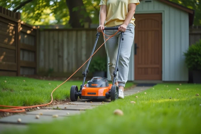 Femme tondant sa pelouse avec une tondeuse électrique à fil en bordure de chemin de jardin