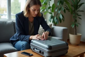 Femme examinant le cadenas d'une valise dans un salon moderne