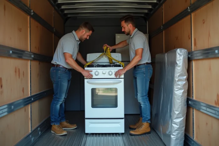 Déménageurs fixant une gazinière avec des sangles d'arrimage à l'intérieur d'un camion de déménagement