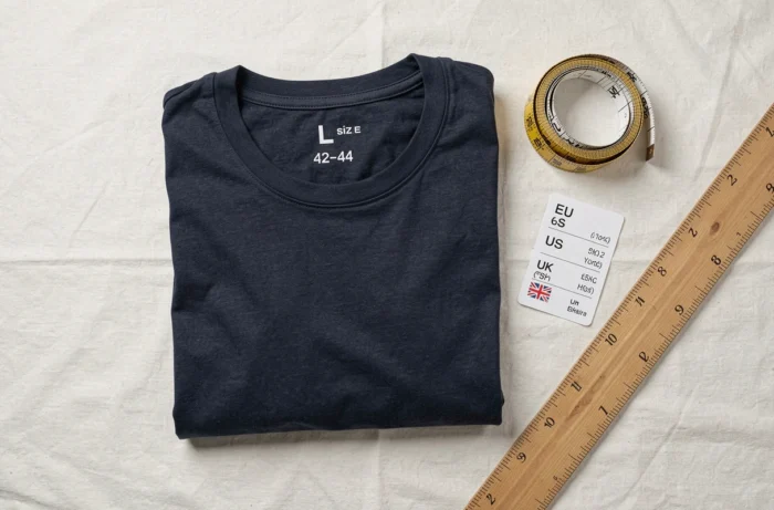 Flat lay d'un T-shirt taille L plié avec une étiquette de taille, un mètre ruban et un tableau de conversion des tailles internationales