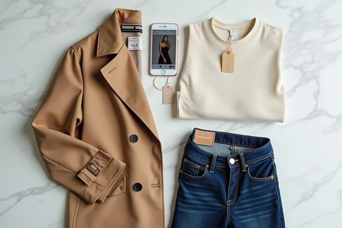 Flat lay de vêtements tendance posés sur du marbre avec un smartphone affichant une page Shein pour comparer des dupes Zara