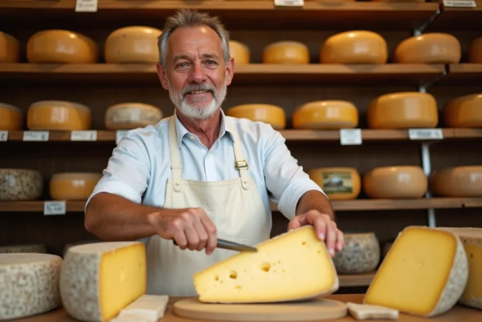 Fromager tranchant un morceau de Comté avec un fil à fromage dans une fromagerie artisanale française avec des meules de Cantal visibles en arrière-plan
