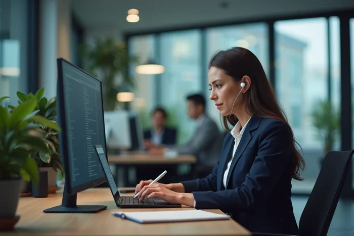 Professionnelle en entreprise gérant des appels téléphoniques et messages avec écouteurs sans fil dans un bureau moderne