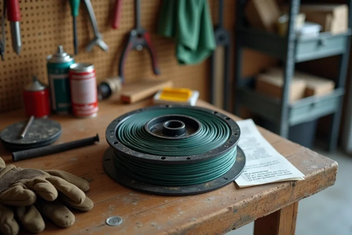 Gros plan sur un bobine de fil nylon pour tondeuse électrique posée sur un établi de garage avec accessoires de remplacement