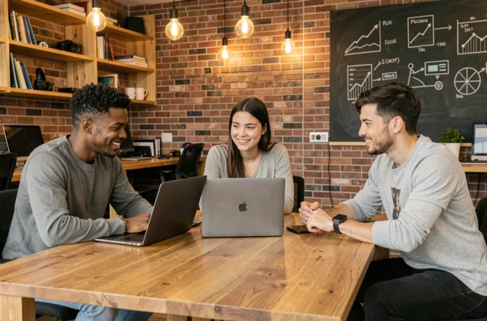 Groupe de jeunes professionnels collaborant autour d'appareils numériques dans un espace de coworking