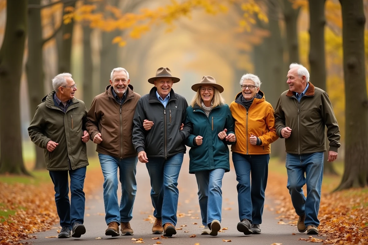 Groupe de seniors marchant dans un parc automnal