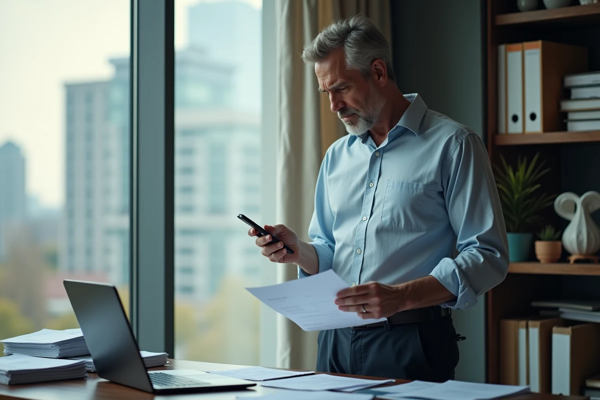 Homme d affaires regardant son smartphone au bureau