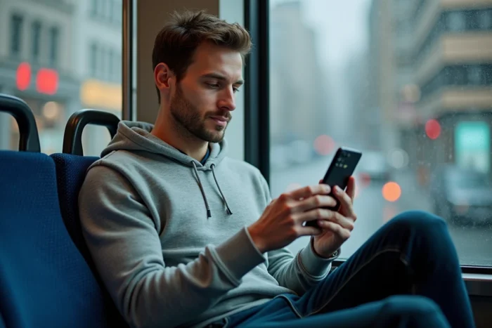 Homme consultant un itinéraire Mappy sur smartphone à l'intérieur d'un bus urbain