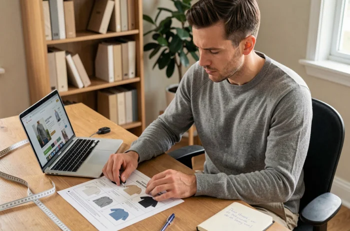 Homme en pull taille L consulte un tableau d'équivalences de tailles de vêtements à son bureau avec un mètre ruban