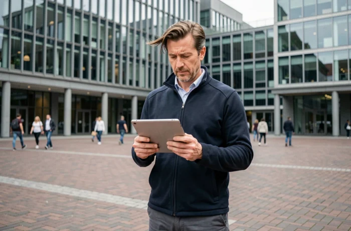 Homme consultant une tablette numérique en plein air dans un environnement urbain moderne