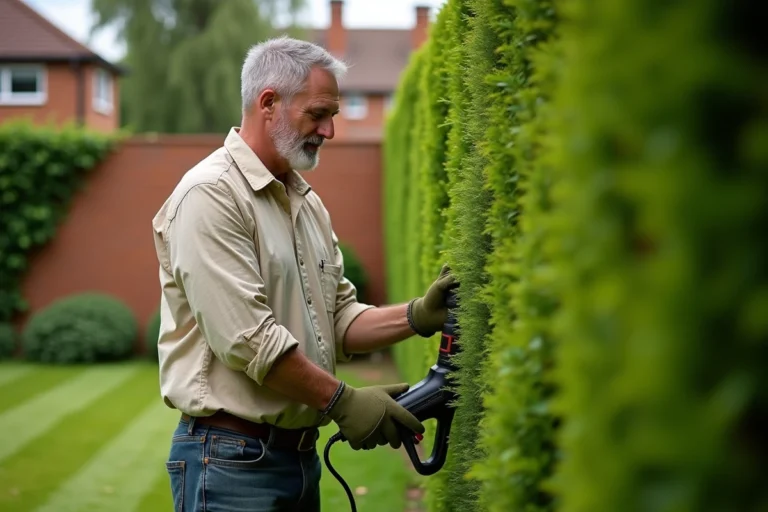 Homme utilisant un taille-haie électrique filaire pour entretenir une haie verte dans un jardin suburban