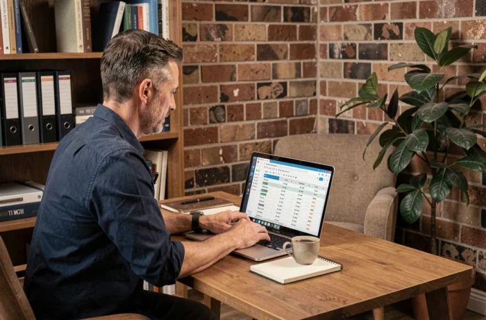 Homme en télétravail calculant ses heures de travail sur un tableau Excel dans un bureau à domicile