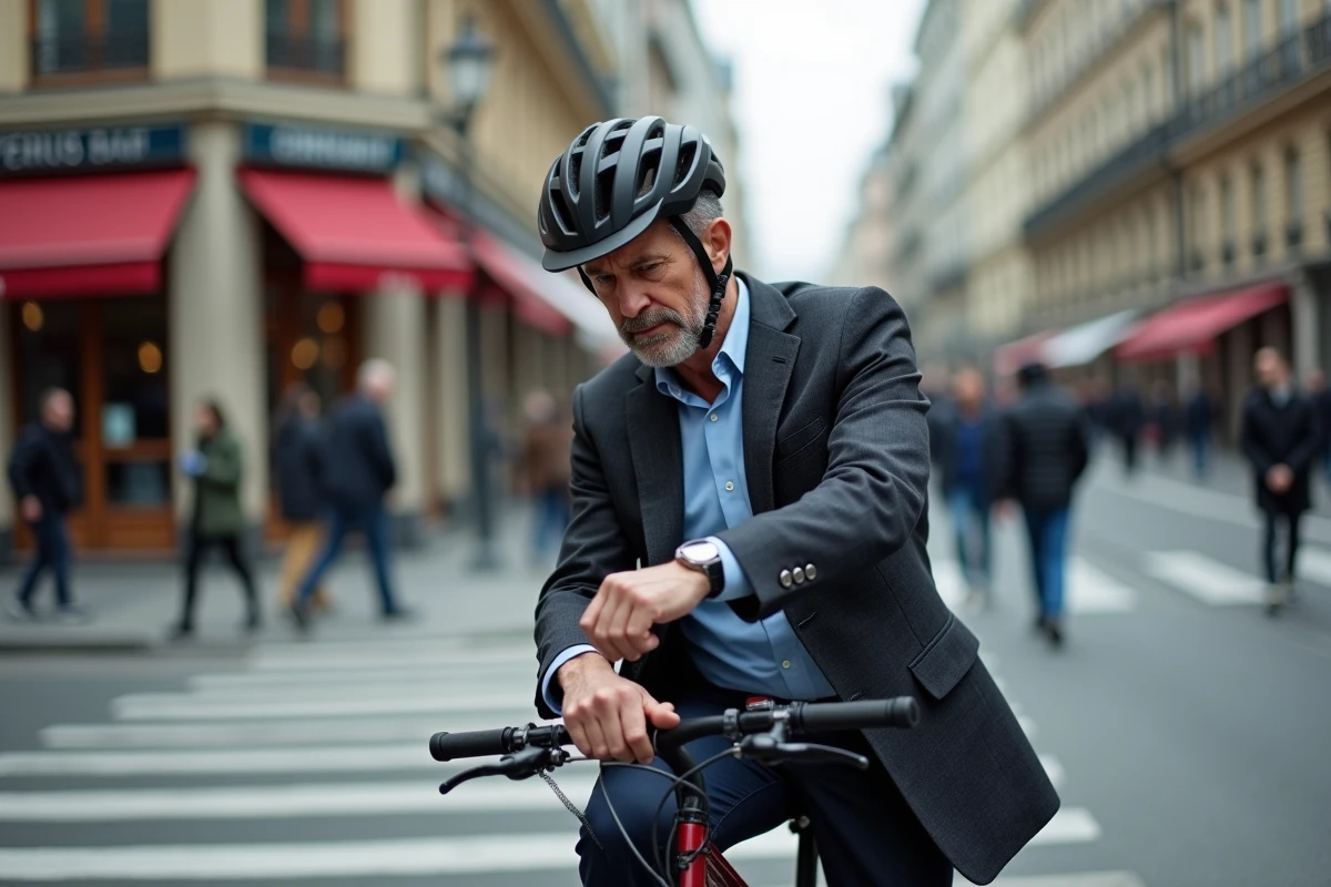 Homme d affaires à vélo attend au passage piéton