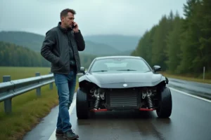 Homme anxieux parlant au téléphone près d'une voiture endommagée