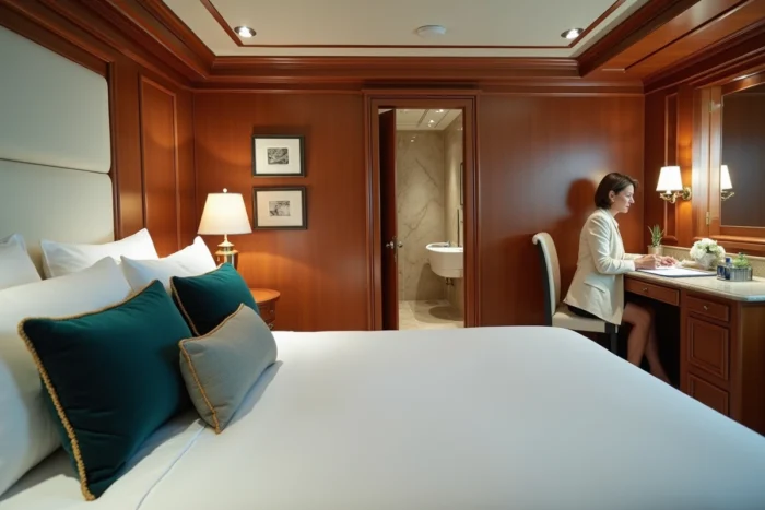 Intérieur élégant d'une suite de luxe Costa Croisières avec vue mer et finitions haut de gamme
