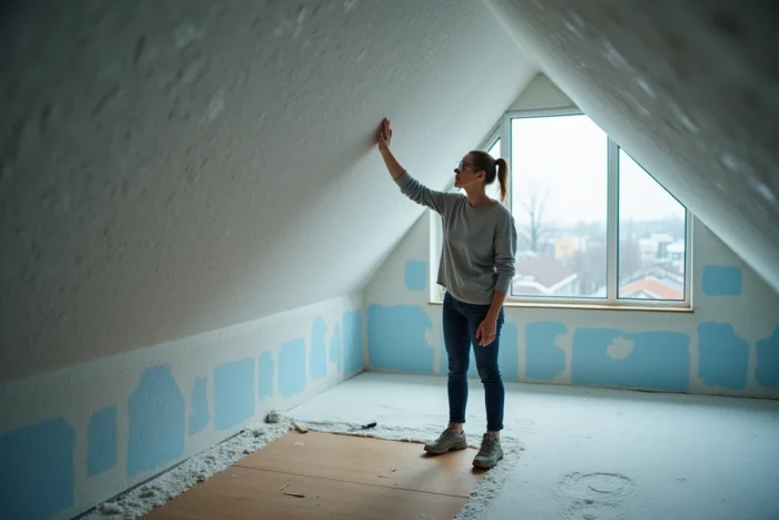 Propriétaire inspectant l'isolation en mousse polyuréthane projetée sous une toiture inclinée dans un comble aménagé
