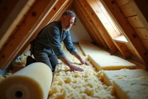 Artisan installant des rouleaux de laine minérale entre les chevrons d'un toit pour améliorer l'isolation thermique