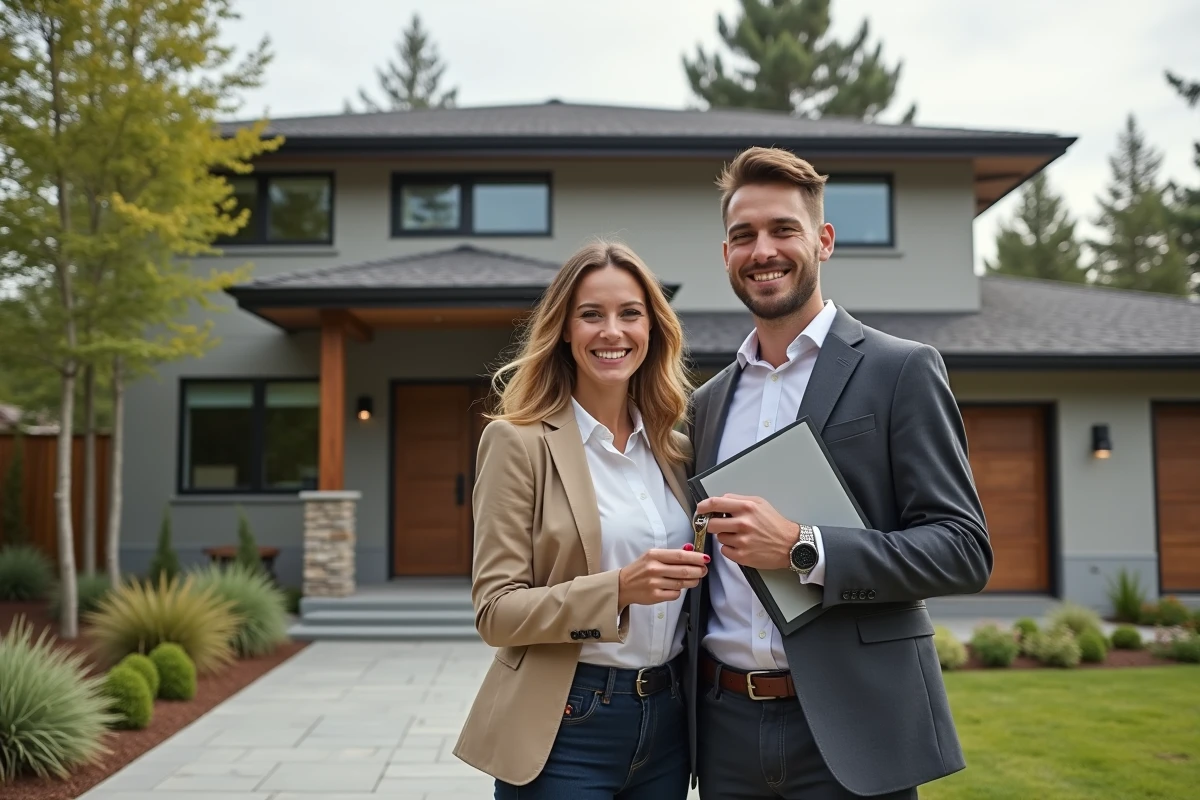 Jeune couple heureux devant leur nouvelle maison