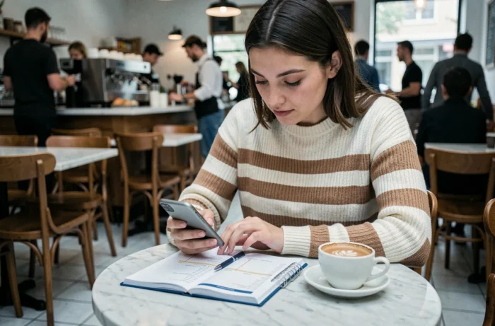 Jeune femme utilisant une application mobile pour calculer ses heures de travail dans un café