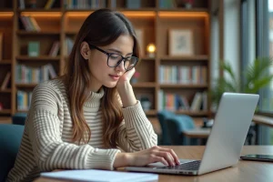 Jeune femme à la bibliothèque universitaire utilisant un ordinateur portable