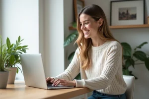 Jeune femme souriante utilisant un ordinateur portable dans un bureau lumineux