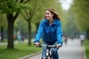 Jeune femme à vélo dans un parc urbain ensoleille