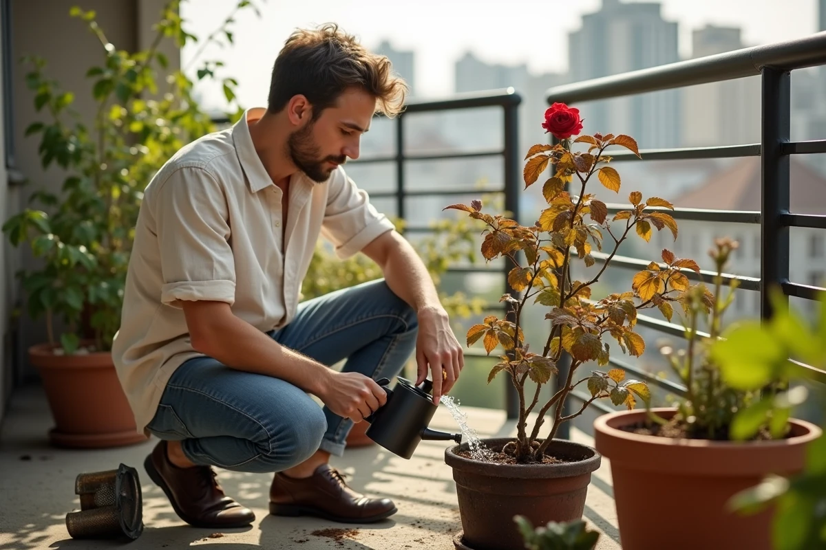 Jeune homme arrosant un rosier laurier en balcon