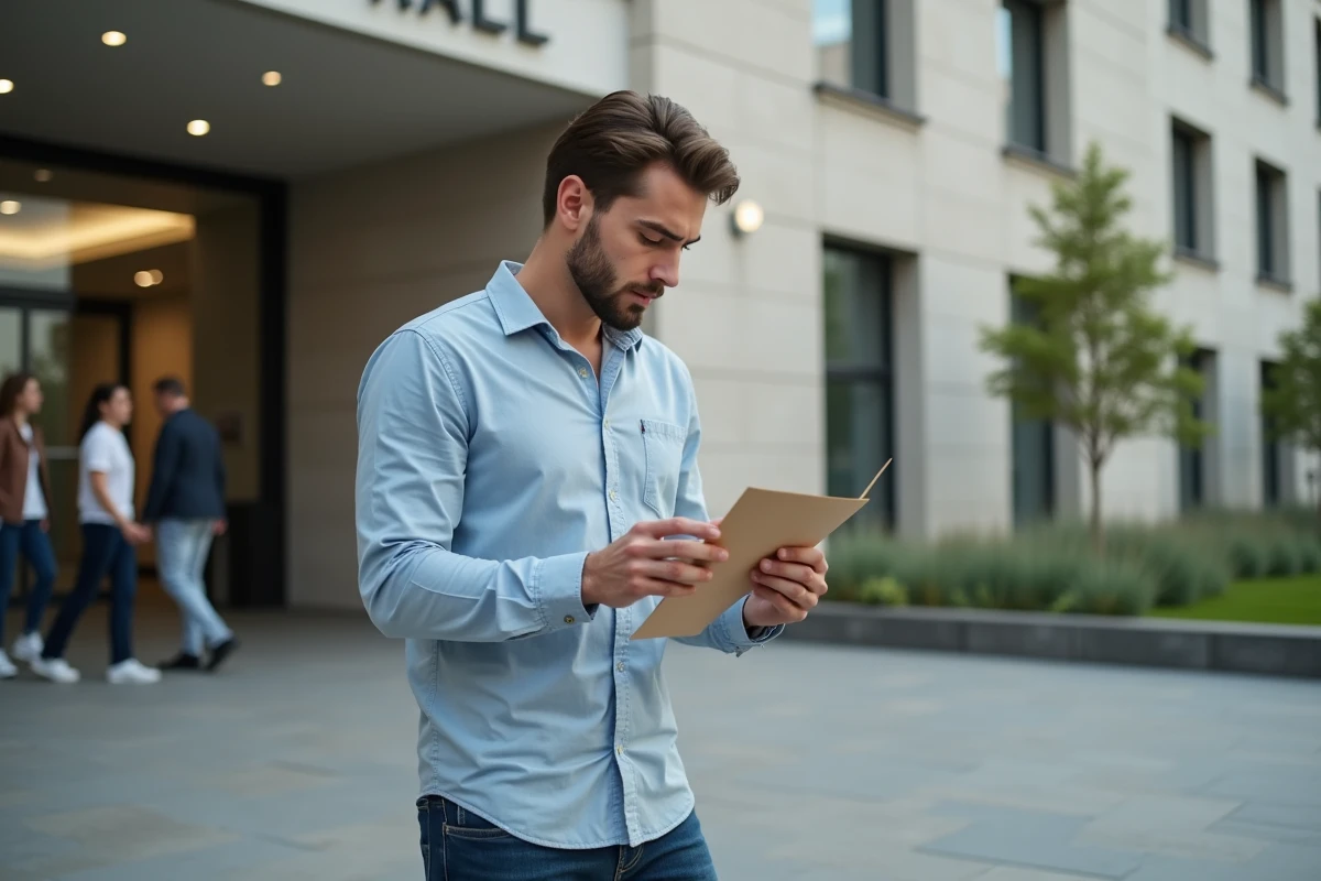 Jeune homme regardant une enveloppe devant la mairie