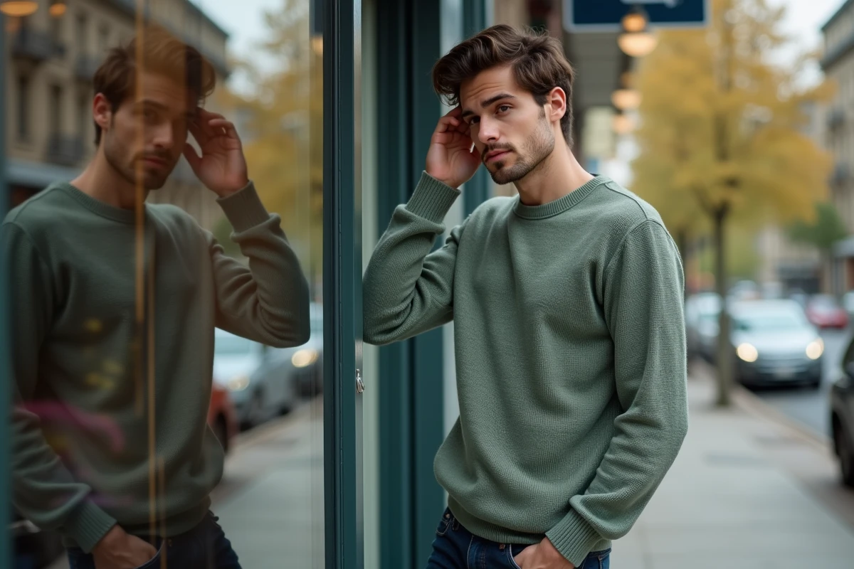 Jeune homme ajustant ses cheveux devant une vitrine de café