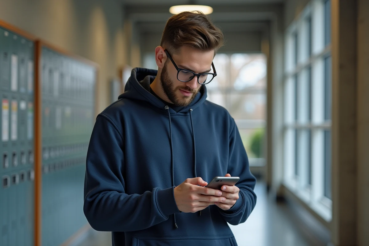 Jeune homme avec smartphone dans un couloir universitaire moderne