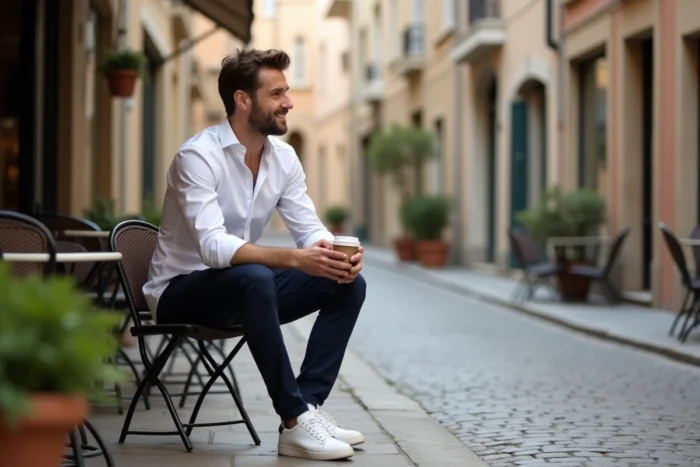 Homme tendance en tenue lifestyle décontractée attablé à une terrasse de café parisien sur pavés
