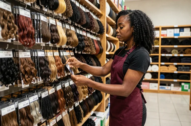 Vendeuse afro organisant des mèches et extensions capillaires dans un magasin spécialisé pour cheveux afro
