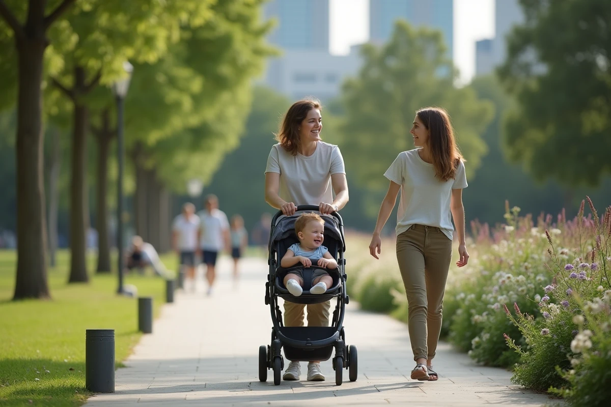 Maman souriante poussant une poussette dans un parc urbain avec son enfant