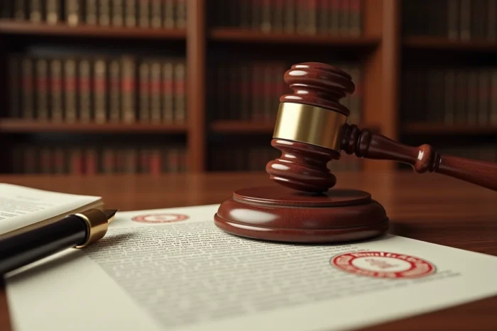 Marteau de juge et documents officiels estampillés représentant la procédure légale de liquidation judiciaire et le paiement des créanciers