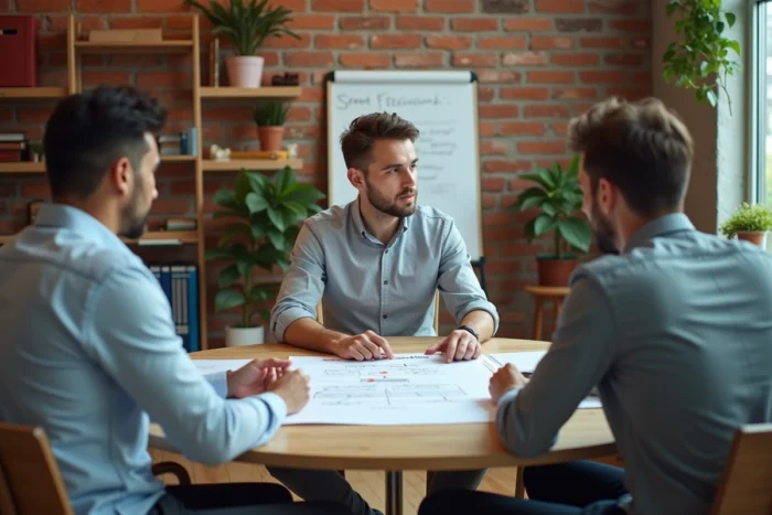 Équipe de professionnels issus d'un master MOSS en réunion stratégique dans un espace de coworking, représentant les opportunités de carrière en gestion et organisation