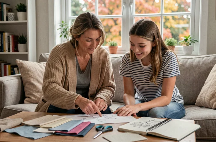 Mère et fille adolescente partageant un moment créatif autour d'un projet de couture dans un salon confortable