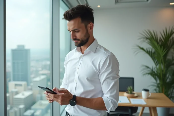 Homme d'affaires consultant ses messages professionnels sur smartphone dans un bureau exécutif avec vue sur la ville