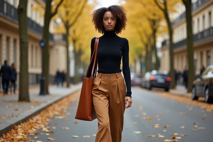 Femme moderne en tenue automnale tendance marchant dans une avenue parisienne bordée d'arbres aux feuilles dorées