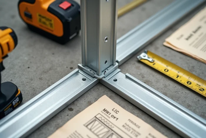 Détail d'assemblage d'une pergola en kit avec équerres métalliques, profilés aluminium, perceuse et notice de montage sur sol béton