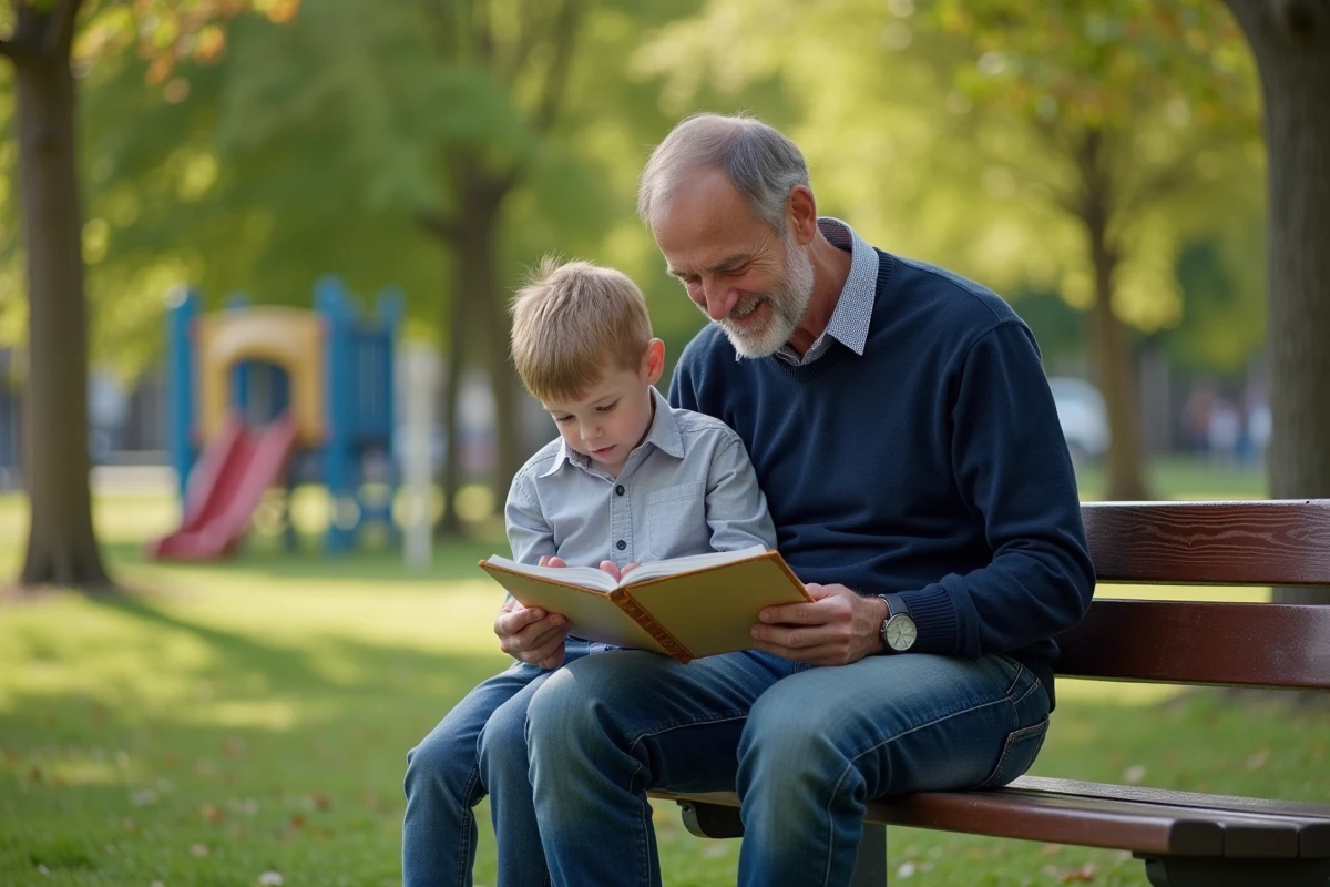 Père et fils travaillant ensemble dans un parc verdoyant