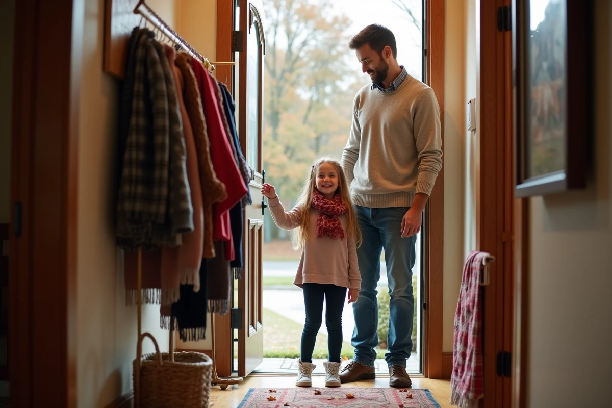 Père et fille accrochent écharpes dans l
