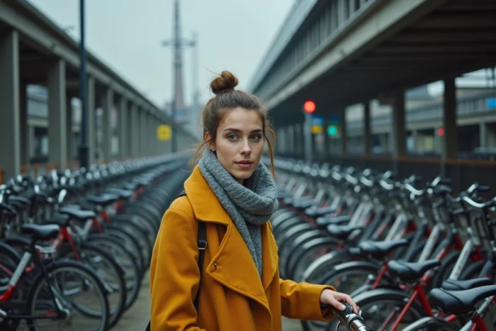 Femme néerlandaise garante son vélo dans un parking à vélos géant près d'une gare aux Pays-Bas, symbole des infrastructures cyclistes massives du pays
