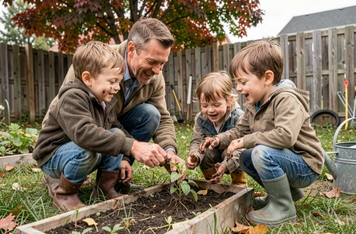 Père et enfants jardinent ensemble dans un potager familial, découvrant les plantes avec curiosité
