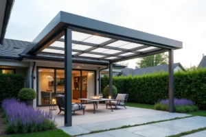 Pergola aluminium autoportante avec toit polycarbonate rétractable installée sur une terrasse en pierre dans un jardin pavillonnaire