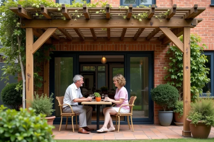 Couple installé sous une pergola en bois adossée à une maison en brique avec plantes grimpantes et table de jardin