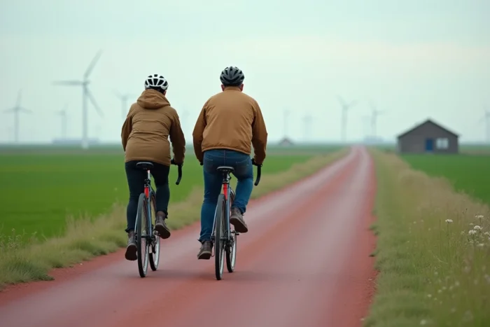 Deux cyclistes adultes pédalant côte à côte sur une piste cyclable rouge dédiée à travers le paysage plat et verdoyant des polders néerlandais