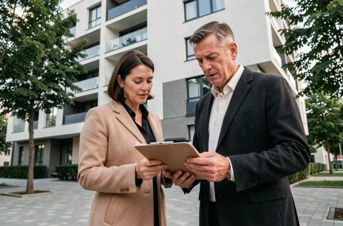 Deux professionnels de l'immobilier en contact devant un immeuble résidentiel moderne pour un projet immobilier