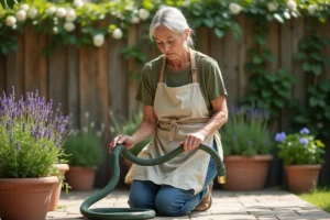 Femme rangeant un tuyau d'arrosage extensible en le lovant soigneusement sur une terrasse en pierre