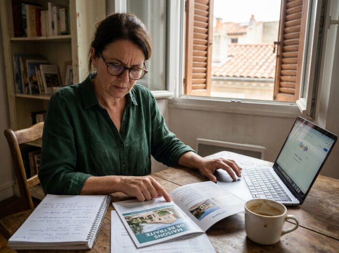 Femme d'âge mûr effectuant des recherches sur les maisons de retraite à Marseille depuis son domicile avec brochures et ordinateur
