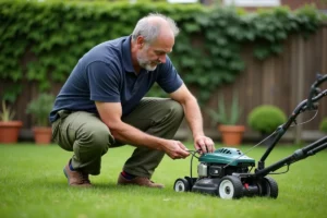 Homme remplaçant le fil électrique de sa tondeuse gazon dans un jardin suburban bien entretenu
